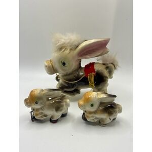 Vintage Ceramic Donkey With Chain 2 Babies, Fur, Japan MCM Burro Mule Figure